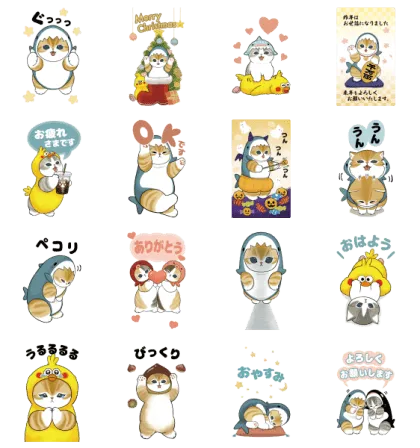 LINE無料スタンプ | サメにゃんとポインコの秋冬スタンプ♪ スタンプ内容 16個